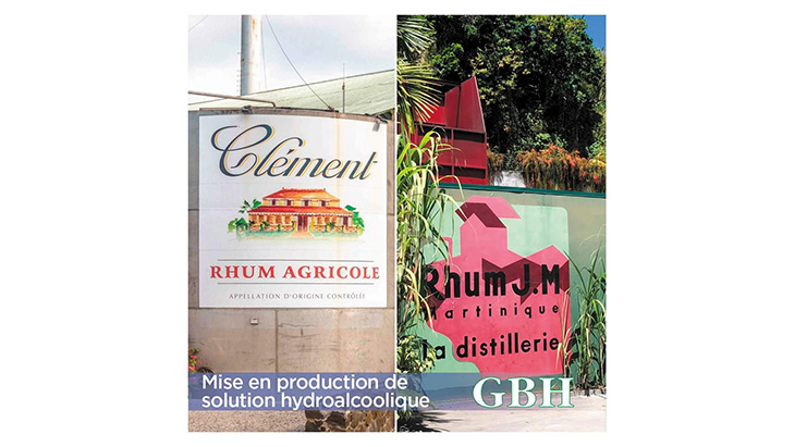 Façades de Clément et Rhum J.M informant de la mise en production de solution hydroalcoolique