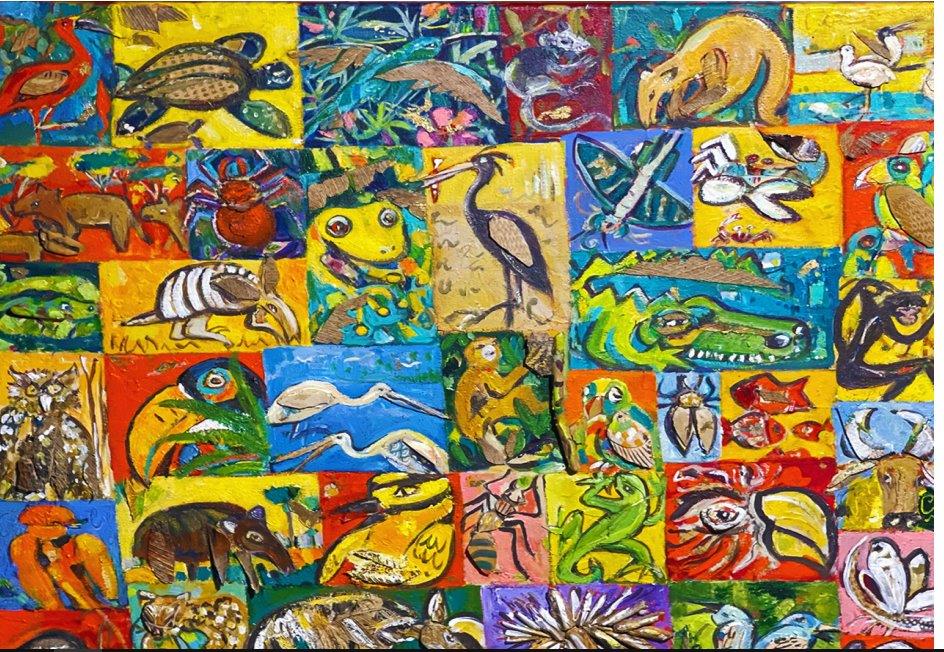 Acrylic painting entitled "Animaux Mosaïque" depicting the fauna of French Guiana interpreted by Olivia Debyser