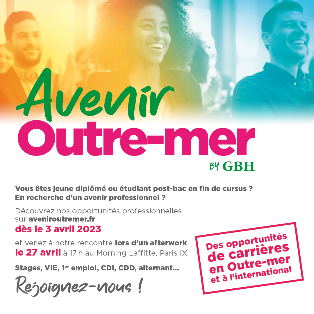 Affiche de promotion de la campagne Avenir Outre-mer by GBH qui aide les jeunes à s’insérer dans le monde professionnel